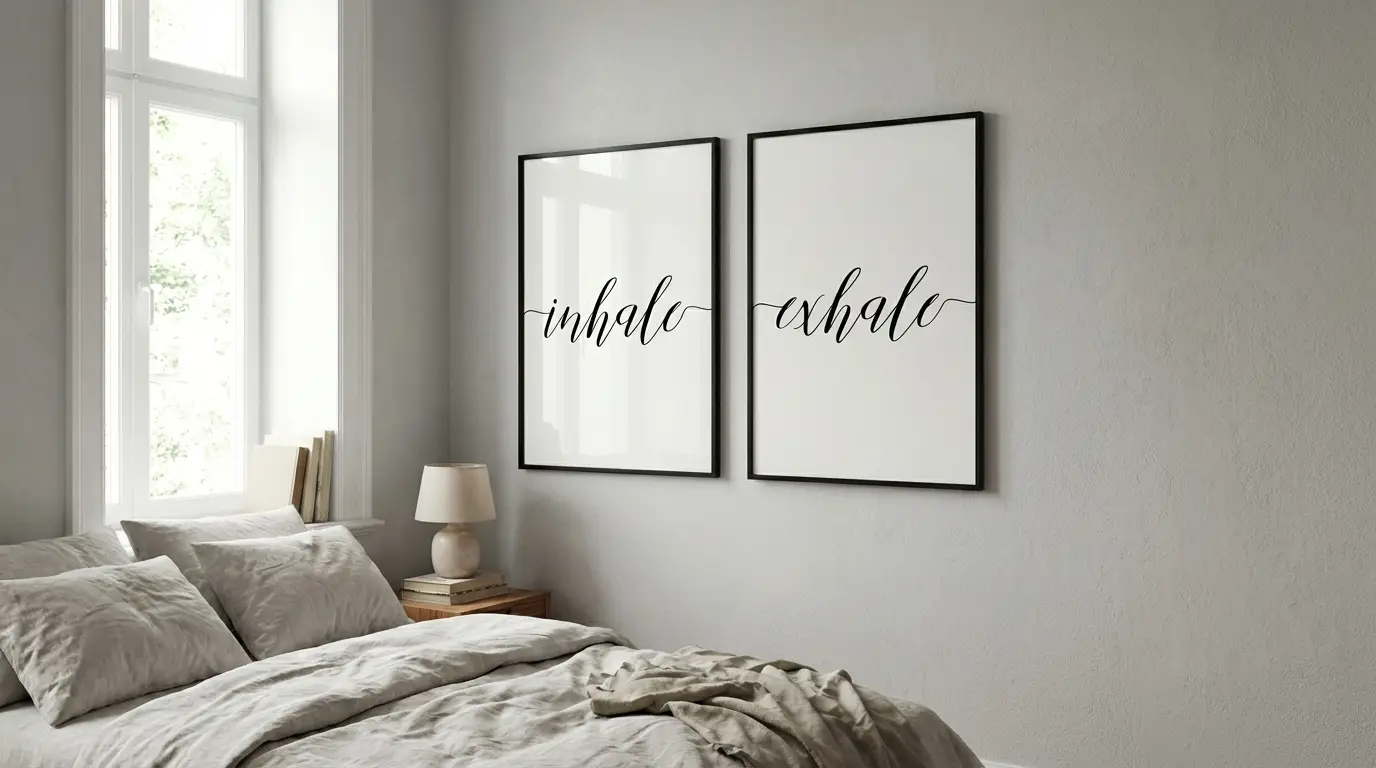 Inhale Exhale prints in small bedroom
