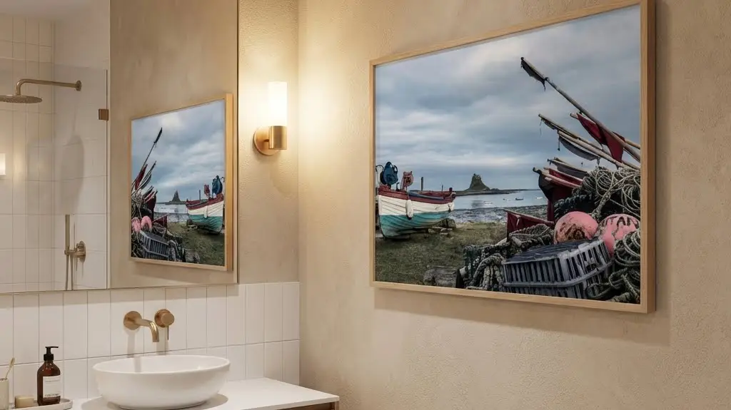 Large Holy Island crab catcher print in bathroom