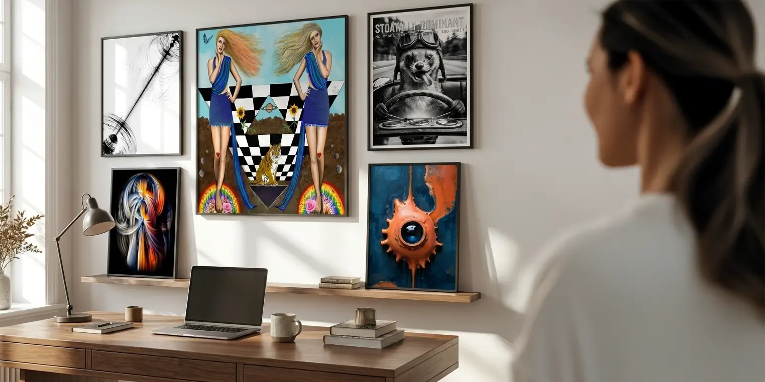Woman looking at Idea Engine prints in home office