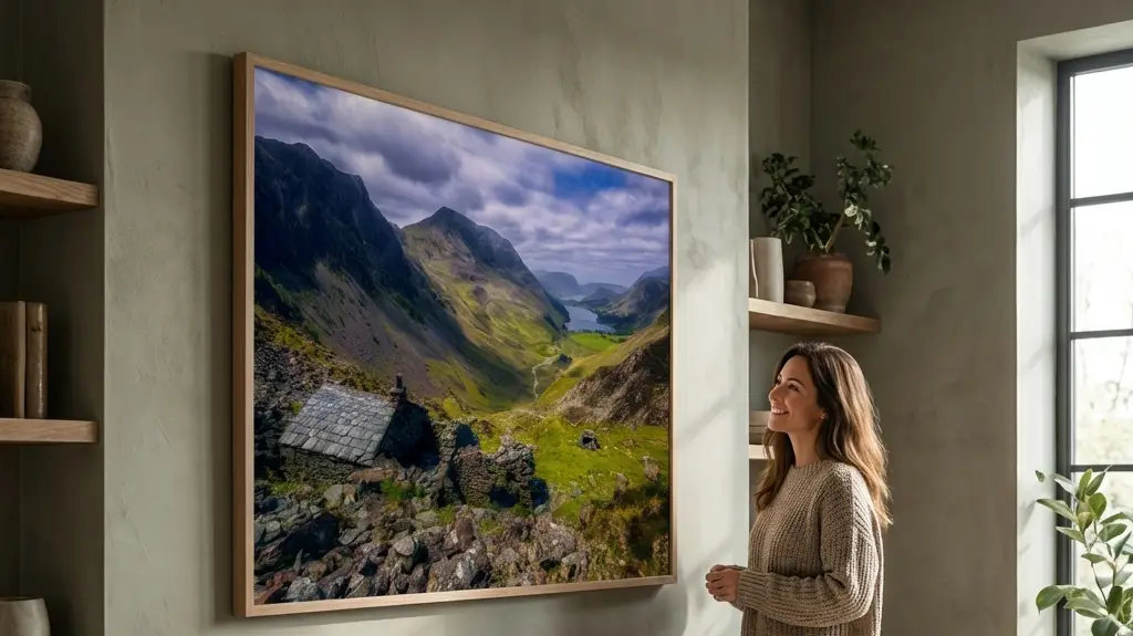 Woman smiling at Warnscale Bothy Art print