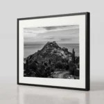 Castello di Taormina black and white digital download print in a black frame, styled in a black frame, capturing the Sicilian mountain stronghold by Mark Marsh.