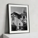 Chiesa di San Giuseppe black and white digital download print in a black frame, styled in a hallway or study with stone textures, capturing Sicilian Baroque architecture by Mark Marsh.
