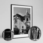 Close-up of a framed Taormina San Giuseppe black and white digital wall art print by Mark Marsh, showing the Baroque facade, statue alcove, and stone bell tower detail.
