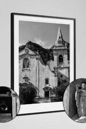 Close-up of a framed Taormina San Giuseppe black and white digital wall art print by Mark Marsh, showing the Baroque facade, statue alcove, and stone bell tower detail.