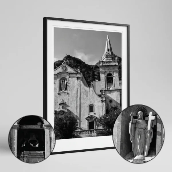 Chiesa di San Giuseppe printable art print by Mark Marsh showing hi res close ups Close-up of a framed Taormina San Giuseppe black and white digital wall art print by Mark Marsh, showing the Baroque facade, statue alcove, and stone bell tower detail.