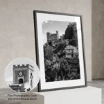 Close-up of a framed Savoca church black and white digital wall art print by Mark Marsh, showing the crenellated belfry tower and fortress-like church silhouette detail.