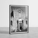 Framed Taormina Duomo black and white digital wall art print by Mark Marsh, showing the carved marble portal, columns, and Syracuse stone rose window detail.