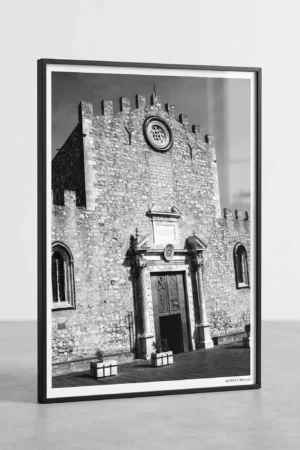 Framed Taormina Duomo black and white digital wall art print by Mark Marsh, showing the carved marble portal, columns, and Syracuse stone rose window detail.