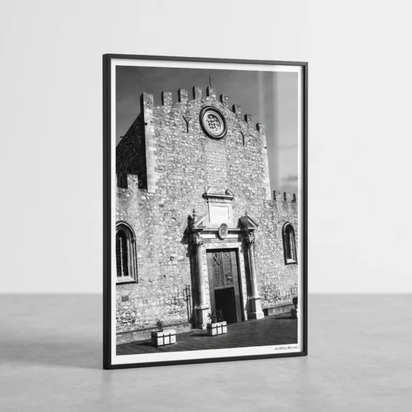 Duomo di Taormina black and white printable art by Mark Marsh in A2 frame Framed Taormina Duomo black and white digital wall art print by Mark Marsh, showing the carved marble portal, columns, and Syracuse stone rose window detail.