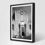 Duomo di Taormina black and white digital download print in a black frame, capturing Sicilian medieval architecture by Mark Marsh.