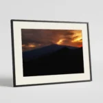 Framed Mount Etna sunset colour digital wall art print by Mark Marsh, showing the golden sunset light and soft volcanic steam plume detail.
