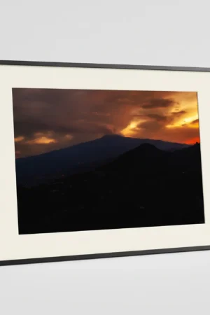 Framed Mount Etna sunset colour digital wall art print by Mark Marsh, showing the golden sunset light and soft volcanic steam plume detail.