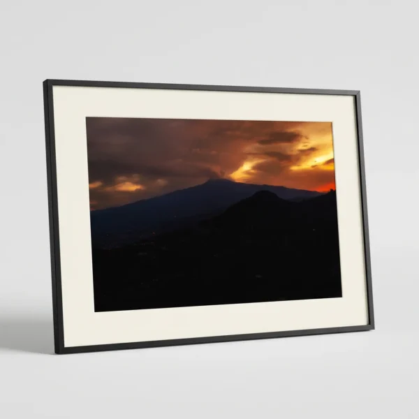 Etna Sunset digital download by Mark Marsh Framed Mount Etna sunset colour digital wall art print by Mark Marsh, showing the golden sunset light and soft volcanic steam plume detail.