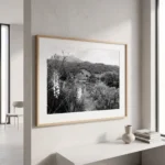 Etna vineyard path black and white digital download print in a black frame, styled modern room, capturing the Sicilian wine country by Mark Marsh.
