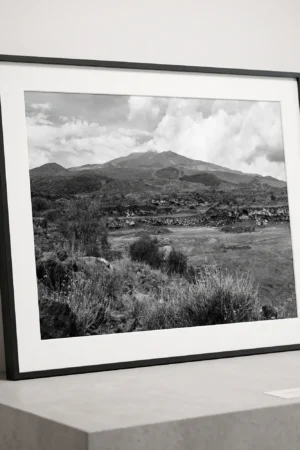 Framed Mount Etna black and white digital wall art print by Mark Marsh, showing the jagged basaltic lava blocks and wild Mediterranean scrub detail.