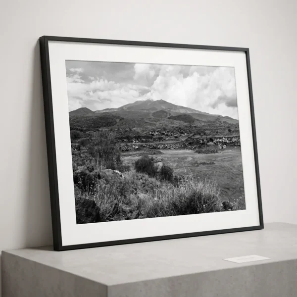Etna digital print in black and white by Mark Marsh Framed Mount Etna black and white digital wall art print by Mark Marsh, showing the jagged basaltic lava blocks and wild Mediterranean scrub detail.