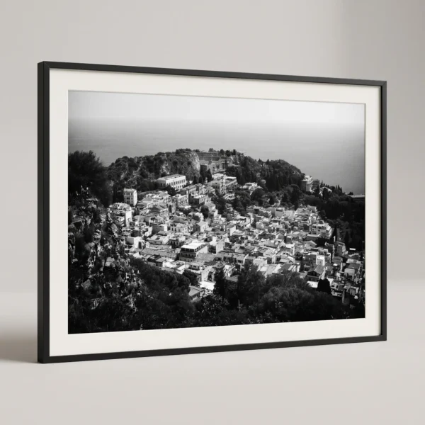 Historic town center of Taormina art print by Mark Marsh printed at A2 size Framed Taormina rooftops black and white digital wall art print by Mark Marsh, showing the historic stone facades, terracotta tiles, and Ancient Theatre carved into the hillside detail.