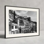 Framed Taormina Castello black and white digital wall art print by Mark Marsh, showing the ornate wrought-iron fence, arched windows, and stone architecture detail.