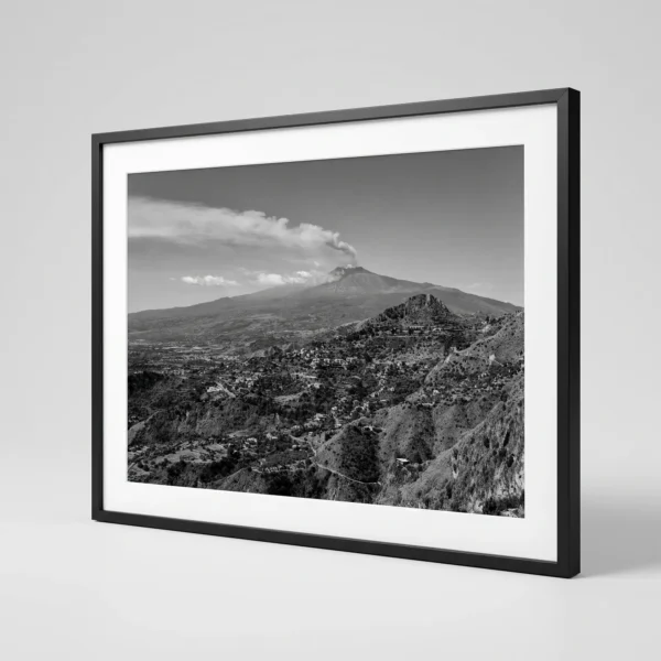 Mount Etna from Taormina printable art by Mark Marsh in A3 black frame Mount Etna panorama black and white digital download print in a black frame