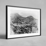 Framed Taormina theatre black and white digital wall art print by Mark Marsh, showing the prickly pear cactus pads and cliffside townhouses detail.