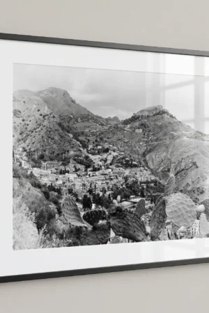Taormina theatre back view black and white digital download print in a black frame.