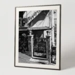 Framed black and white printable art of twin Sicilian Testa di Moro planters guarding a residential entrance in Castelmola—stone pillars, iron gate, and staircase shadow, captured by Mark Marsh.