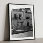 Framed Taormina fountain black and white digital wall art print by Mark Marsh, showing the crowned female centaur holding a globus cruciger and scepter detail.