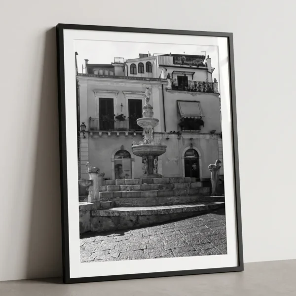 Quattro Fontane di Taormina digital art print by Mark Marsh in large black frame Framed Taormina fountain black and white digital wall art print by Mark Marsh, showing the crowned female centaur holding a globus cruciger and scepter detail.
