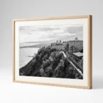 Framed San Domenico Palace black and white digital wall art print by Mark Marsh, showing the arched windows, historic stone walls, and clifftop architectural detail.
