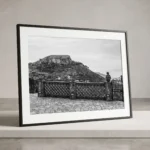 Monte Veneretta terrace black and white digital download print in a black frame.