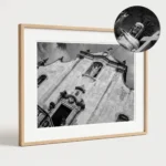 Close-up of a framed Taormina San Giuseppe black and white digital wall art print by Mark Marsh, showing the sculpted Christ the King statue holding a stone cross and the marble portal detail.