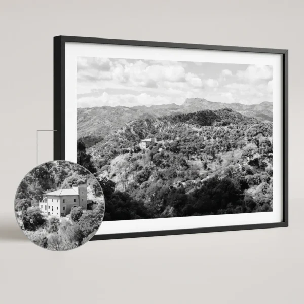 Close-up of a framed Peloritani mountain farmhouse black and white digital wall art print by Mark Marsh, showing the stone estate buildings, dense tree canopy, and mountain ridge detail.