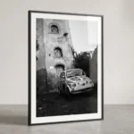 Castelmola Fiat 500 black and white digital download print in a black frame, capturing Sicilian street life by Mark Marsh.